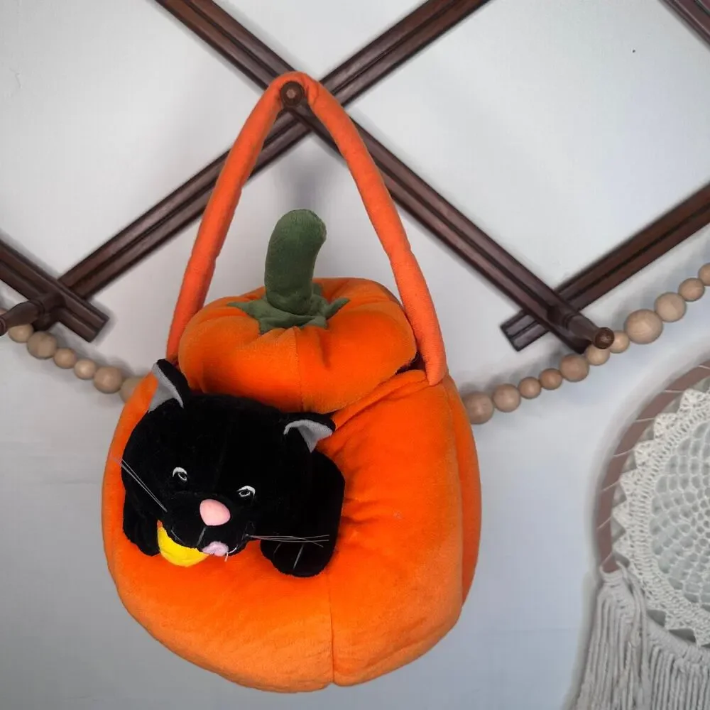 Vintage Bestever Black Cat Pumpkin Plush Trick or Treat Bag